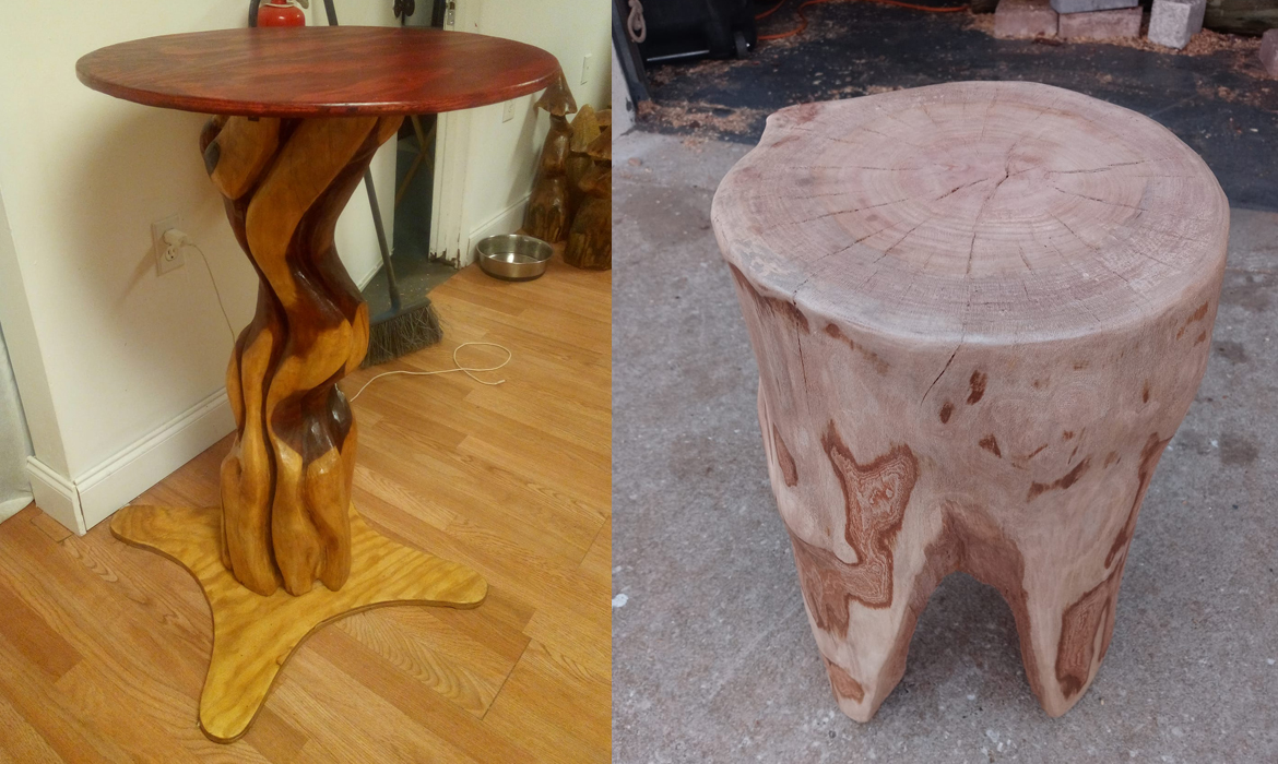 Tables and Foot Stools carved from reclaimed
                  logs