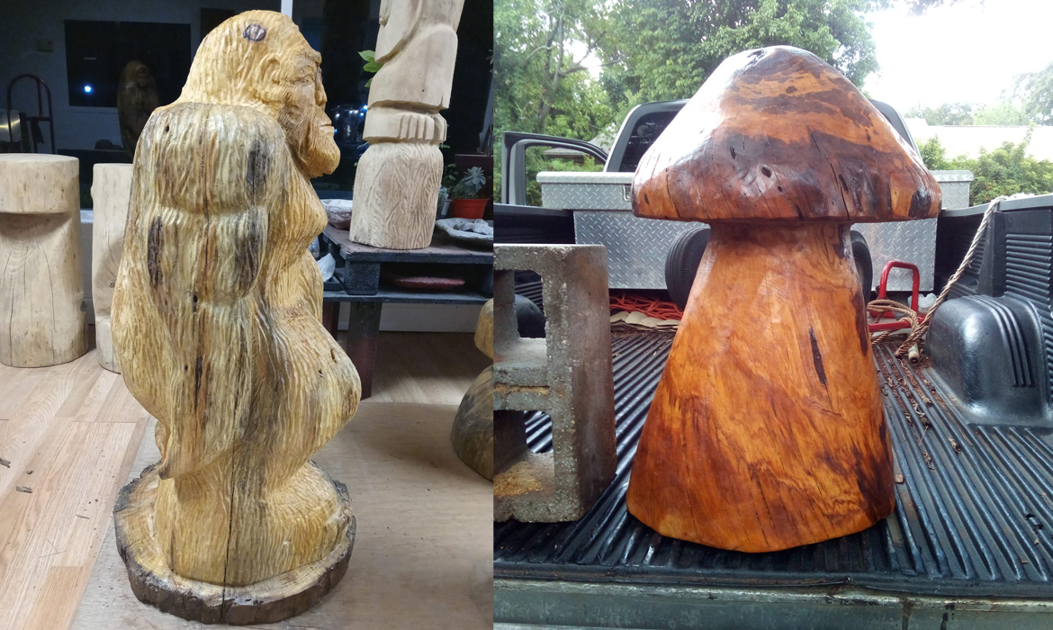 Bigfoot and Mushroom Carvings