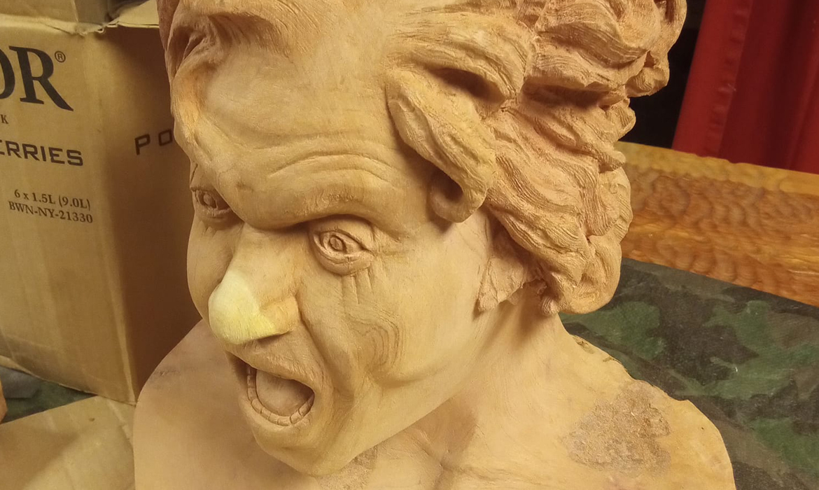 2nd Try at the Damed Soul, by Gian Lorenzo Bernini
                out of a block of red cedar, by Elvvis Caron, Tampa Bay,
                Florida