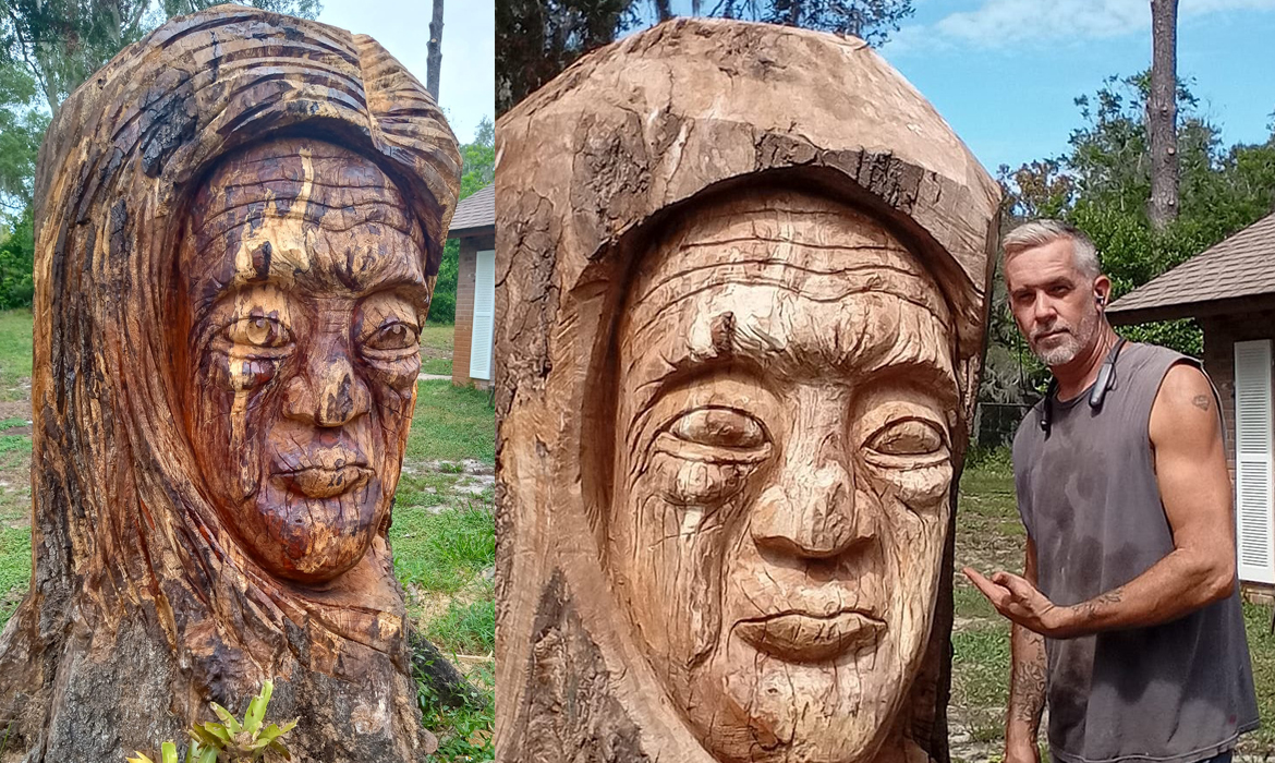 Mother Earth Carving from a Laurel Oak Tree Trunk,
                by Elvis Caron, Makers Original, Pasco County, FL
