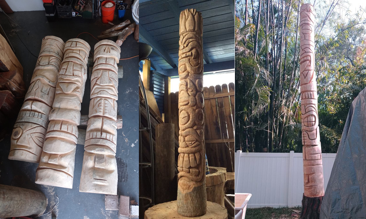 Tiki Carvings from Reclaimed Logs, in Florida