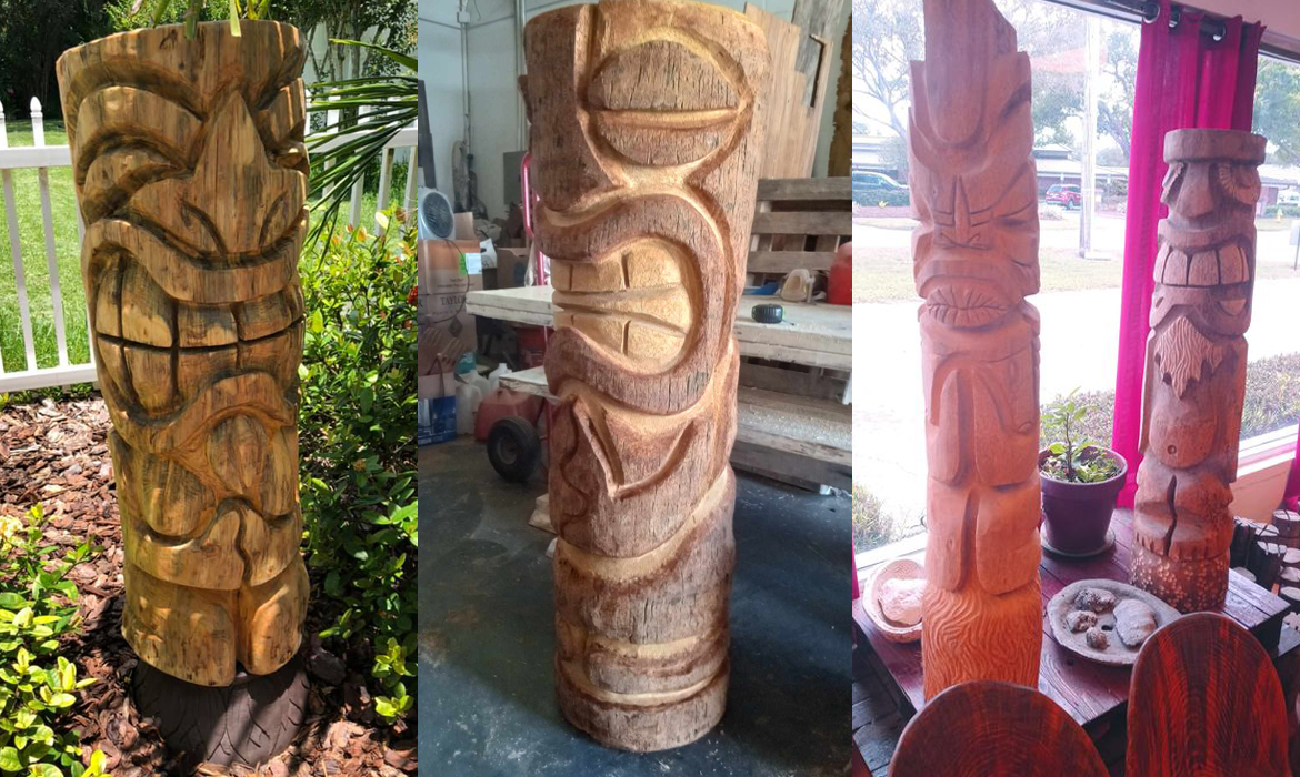 Palm and Pine Tree Tiki Carvings